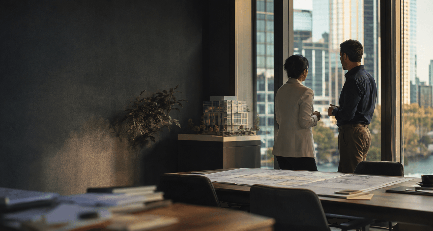 Two professionals reviewing an architectural project in a Sydney office