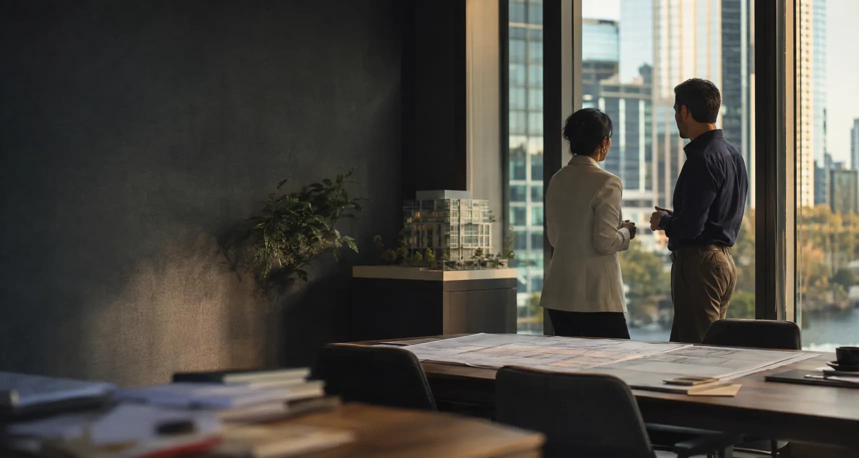 Two professionals reviewing an architectural project in a Sydney office